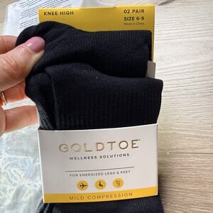 Gold Toe Black Knee High Mild Compression Socks Women's 6-9 Size NWT 2 Pair